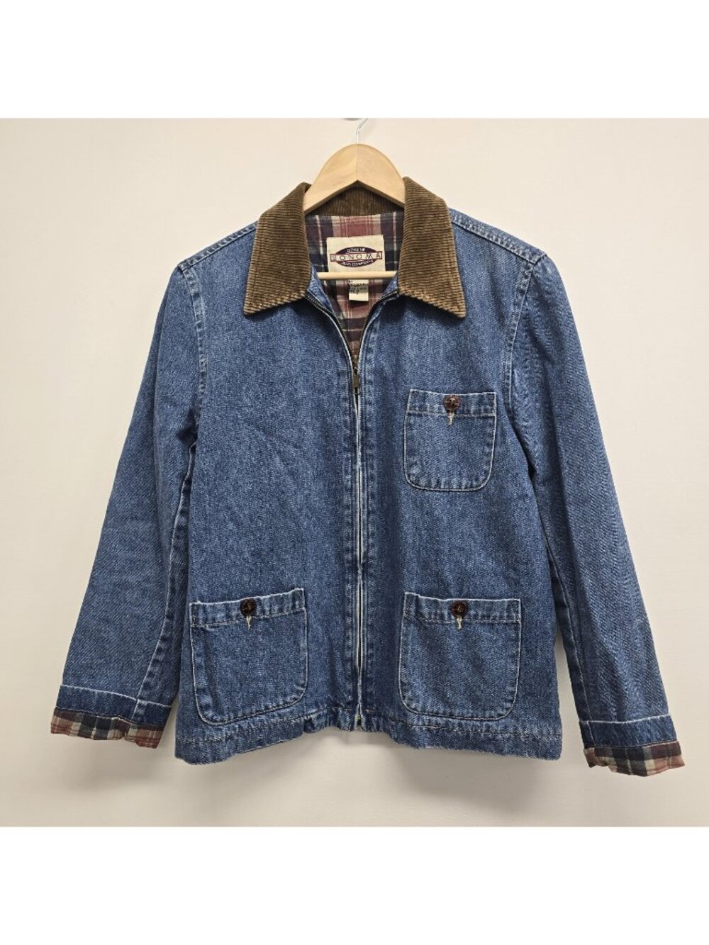 VTG Sonoma Denim Barn Chore Jacket Coat Womens Sz M Corduroy Collar Plaid Lining